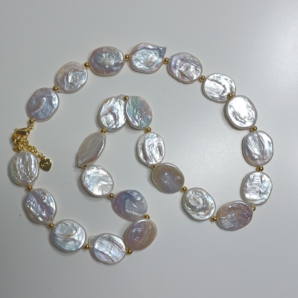 Genune Baroque Coin Pearl Necklace 925 Sterling Silver 18" - Picture 4 of 4